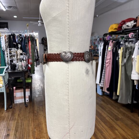 Vintage Canterbury Silver Heart Concho Woven Brown Leather Belt Sz M 34” main image 7